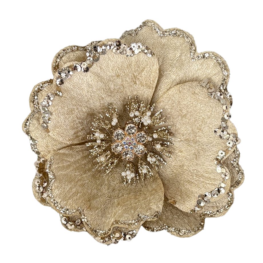 MAGNOLIA HEAD BEIGE 6" VELVET W/ DIAMOND CENTER, BEADS, SEQUINS, GLITTER & CLIP