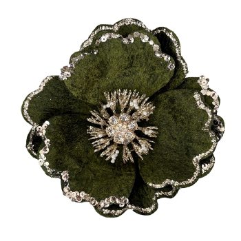 MAGNOLIA HEAD GREEN 6" VELVET W/ DIAMOND CENTER, BEADS, SEQUINS, GLITTER & CLIP