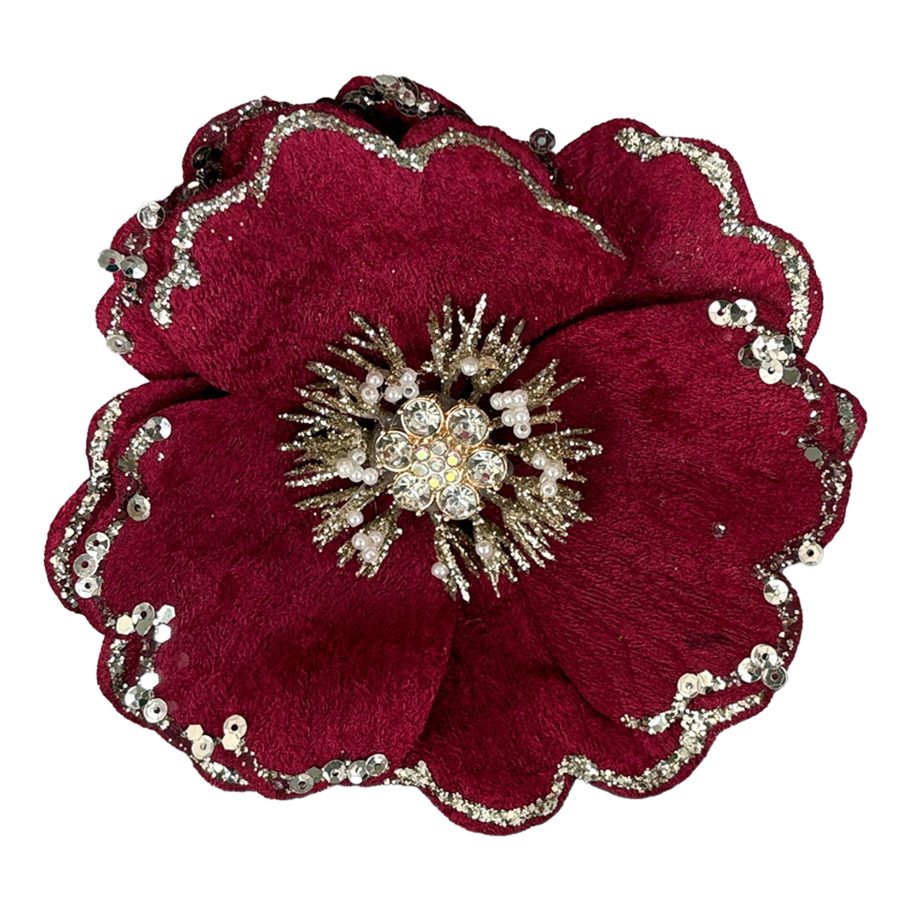 MAGNOLIA HEAD BURGUNDY 6" VELVET W/ DIAMOND CENTER, BEADS, SEQUINS, GLITTER & CLIP