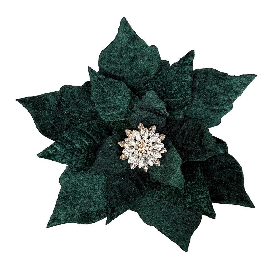 POINSETTIA HEAD DK. GREEN 9" VELVET W/ DIAMOND CENTER & CLIP