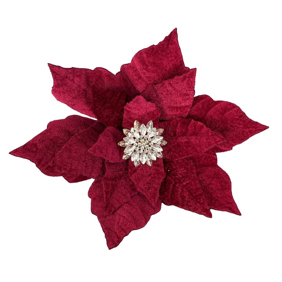 POINSETTIA HEAD BURGUNDY 9" VELVET W/ DIAMOND CENTER & CLIP