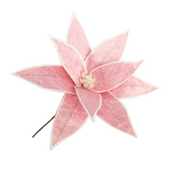 POINSETTIA HEAD VELVET 9" LT. PINK/WHITE TRIM W/ GLITTER & CLIP