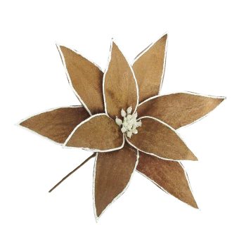 POINSETTIA HEAD VELVET 9" TAUPE/WHITE TRIM W/ GLITTER & CLIP