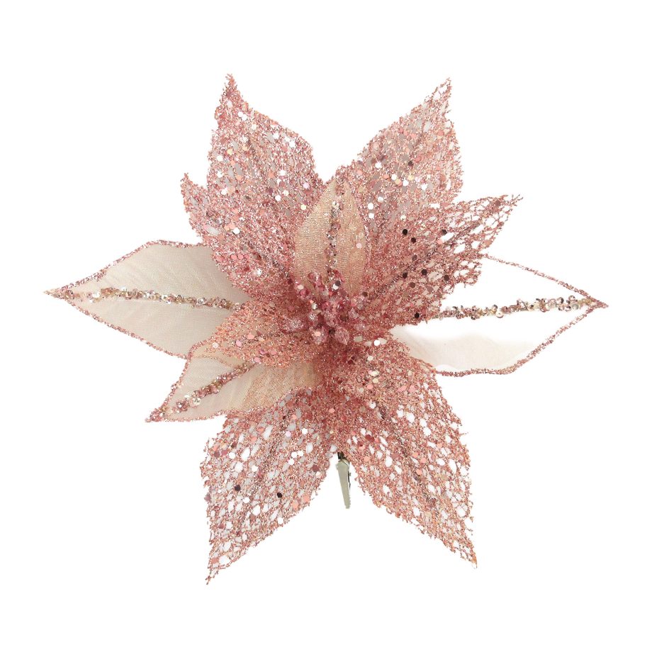 POINSETTIA HEAD SHEER/MESH 9.5" PINK W/ GLITTER & CLIP