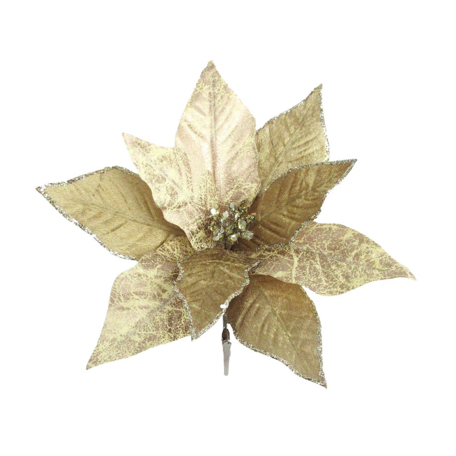 POINSETTIA HEAD VELVET LEATHER LOOK 9" LT. BROWN W/ GLITTER TRIM & CLIP