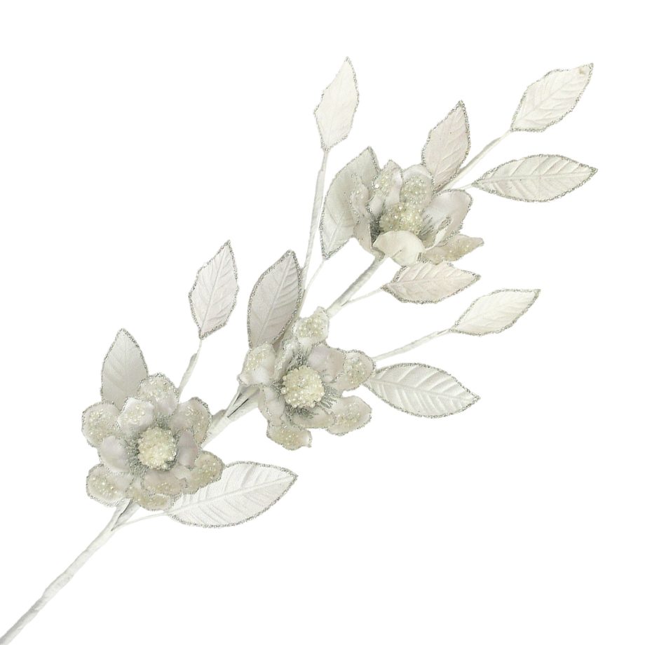 SPRAY MAGNOLIA HEAD LEAF VELVET 36" IVORY/WHITE W/ GLITTER & BEAD