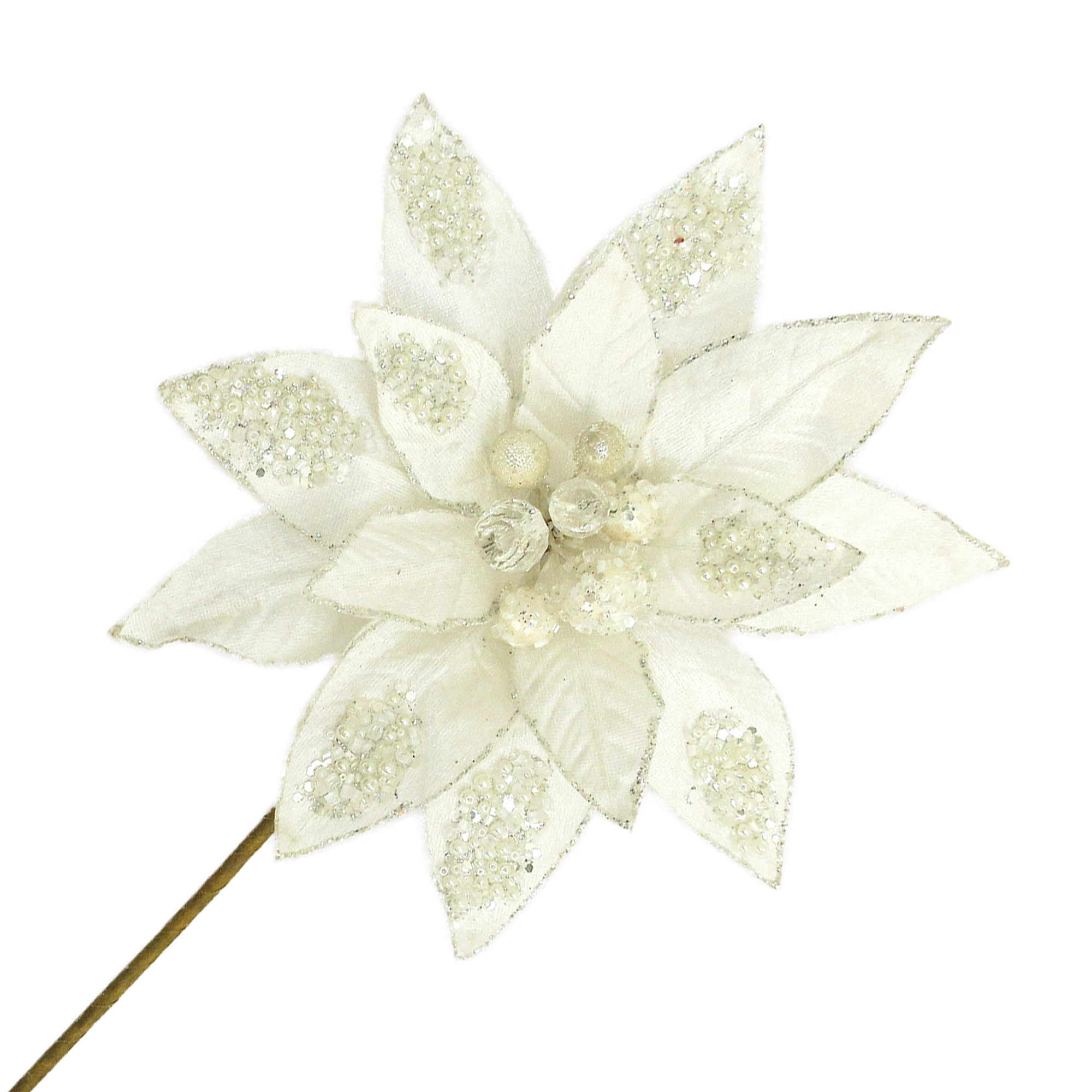 POINSETTIA STEM VELVET 18" IVORY/SILVER W/ GLITTER & BEAD
