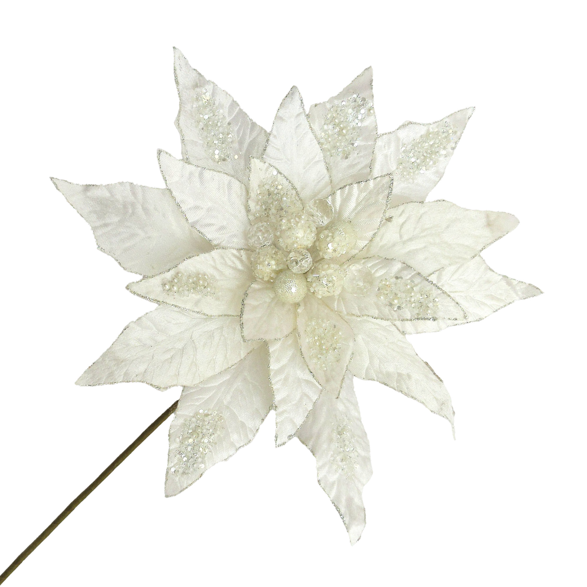 POINSETTIA STEM VELVET 19" IVORY/SILVER W/ GLITTER & BEAD