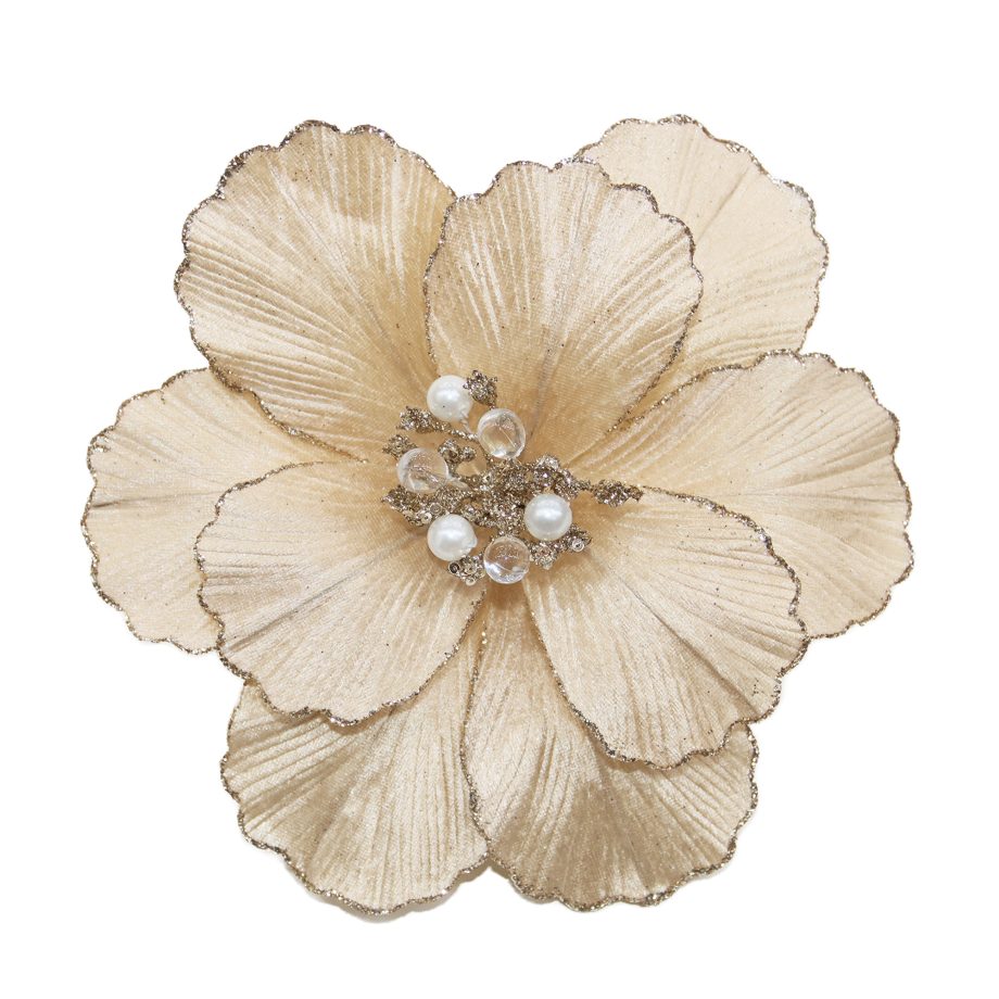 MAGNOLIA HEAD SAND 9" VELVET PLEATED PETALS, BEADED CENTER & GLITTER