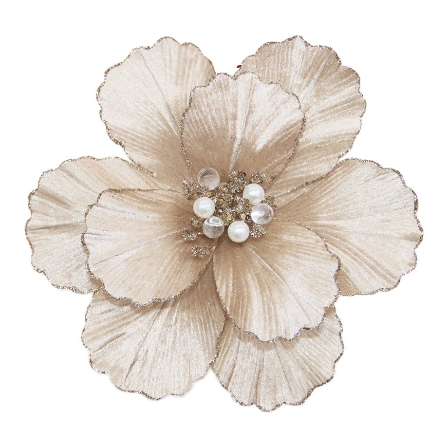 MAGNOLIA HEAD CHAMPAGNE 9" VELVET PLEATED PETALS, BEADED CENTER & GLITTER