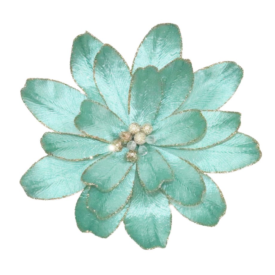 FLOWER HEAD SEA FOAM 13" VELVET BEADED CENTER & GLITTER EDGES