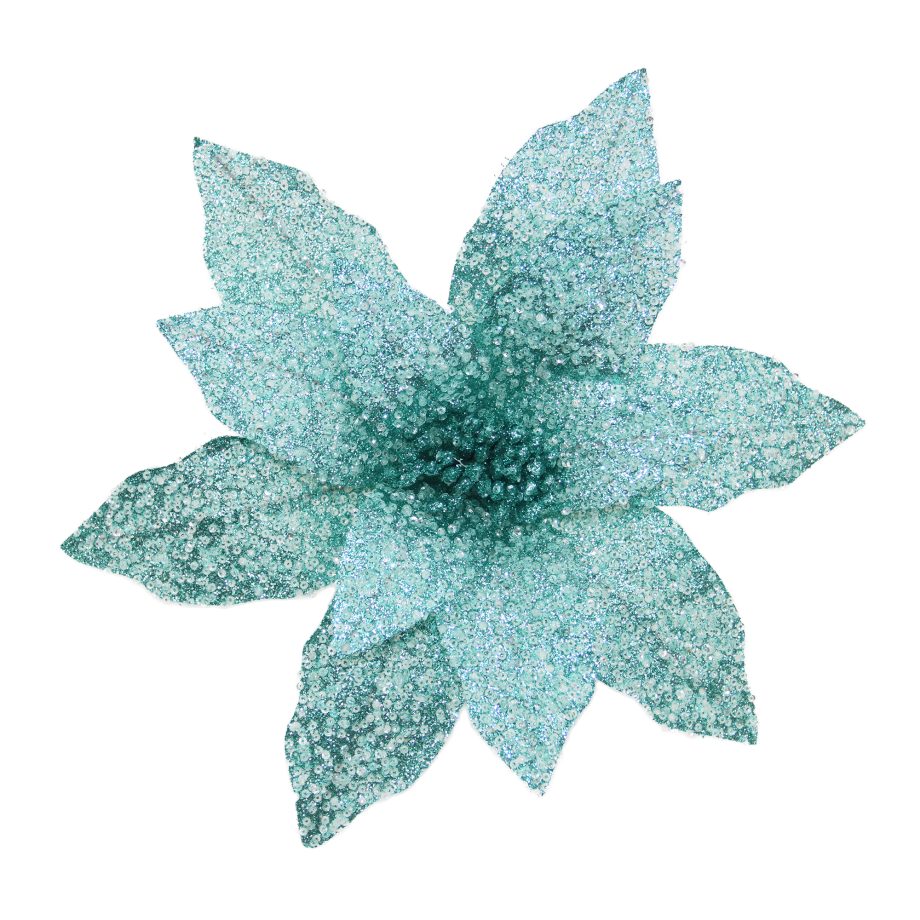 POINSETTIA HEAD SEA FOAM 12" FABRIC ICED W/ BEADS, SEQUINS & GLITTER