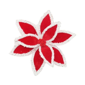 POINSETTIA HEAD CANDY CANE RED/WHITE 12" VELVET W/ FUR TRIM & GLITTER