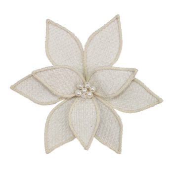POINSETTIA HEAD IVORY 12" WOVEN FABRIC W/ YARN TRIM & PEARL CENTER