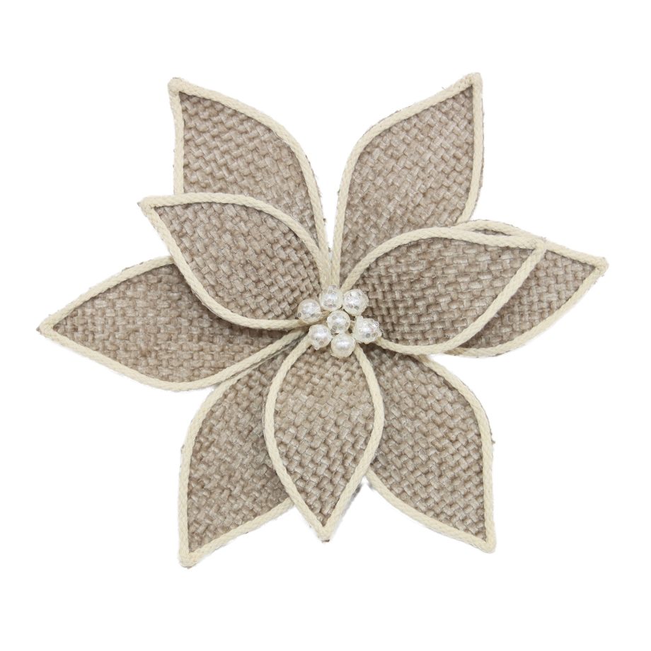 POINSETTIA HEAD TAUPE 12" WOVEN FABRIC W/ YARN TRIM & PEARL CENTER