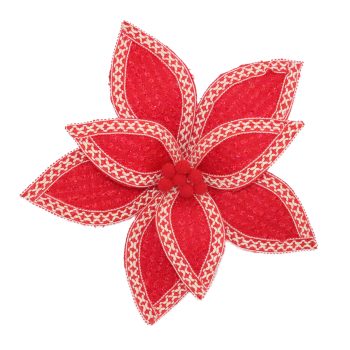 POINSETTIA HEAD RED NATURAL 12" VELVET W/ PATTERNED BORDER & BERRY CENTER