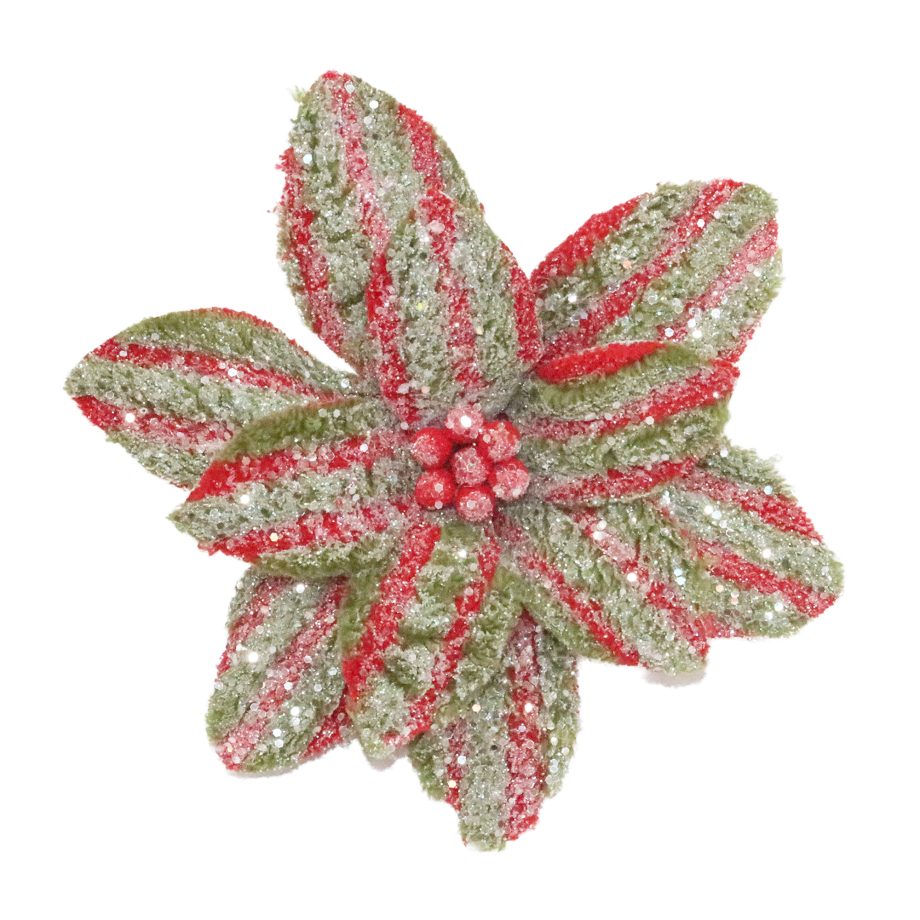 POINSETTIA HEAD RED/GREEN 11" BOUCLE FUR STRIPES FROSTED W/ GLITTER