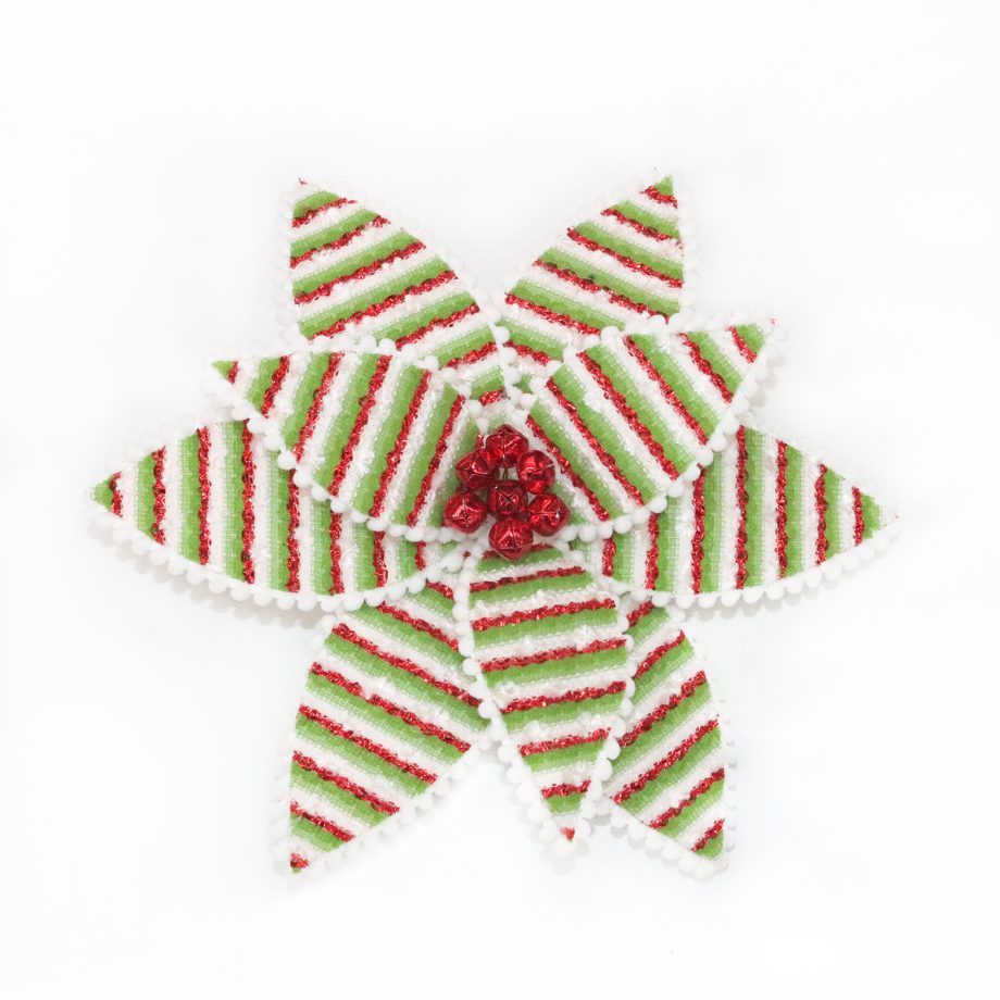 POINSETTIA HEAD ELF/GRINCH RED/WHT/GREEN 11" VELVET FUR STRIPES W/ BELL CENTER