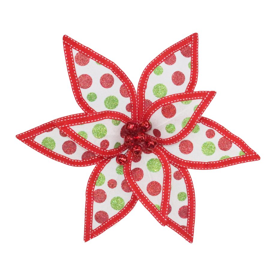 POINSETTIA HEAD ELF/GRINCH RED/WHT/GREEN 12" FABRIC W/ POLKA DOT GLITTER & BELL CENTER