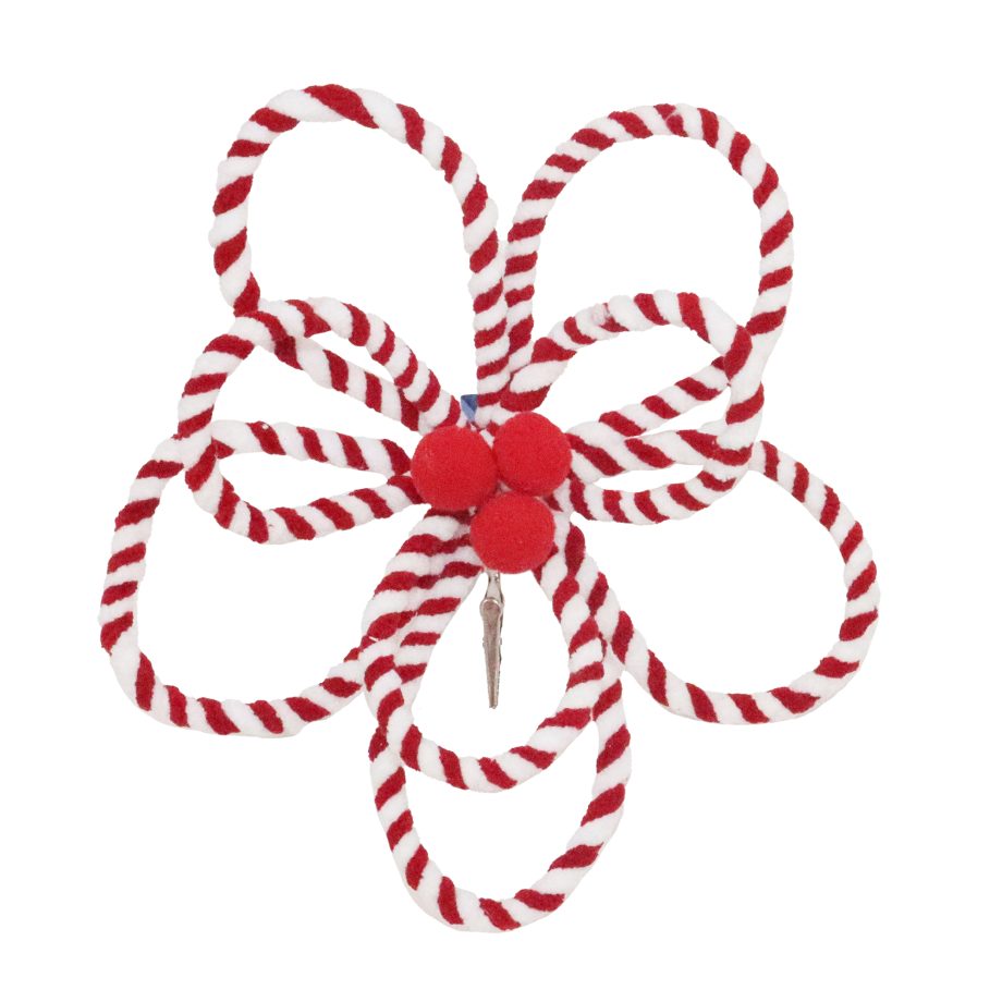 FLOWER HEAD CANDY CANE RED/WHITE 10" VELVET CORD PETALS W/ BERRY CENTER