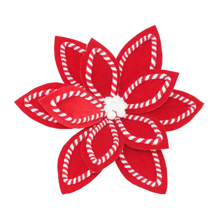 POINSETTIA HEAD CANDY CANE RED/WHITE 13" VELVET W/ GLITTER CENTER