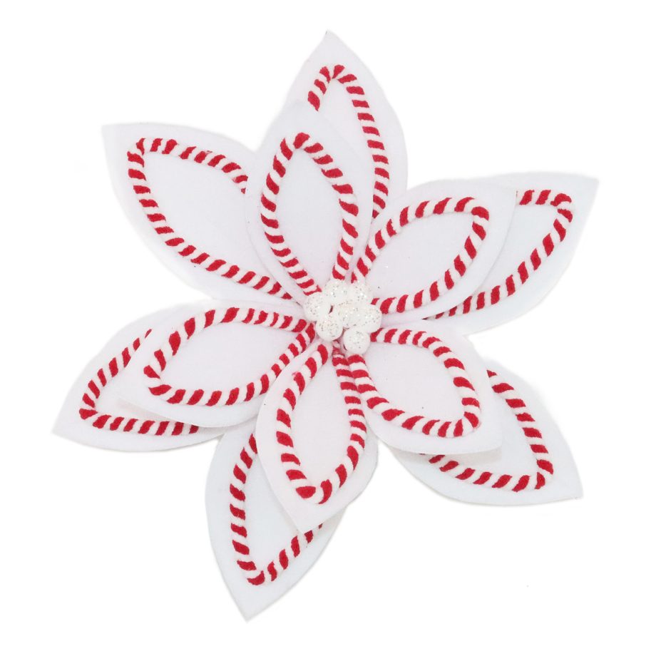 POINSETTIA HEAD CANDY CANE WHITE/RED 13"VELVET W/ GLITTER CENTER