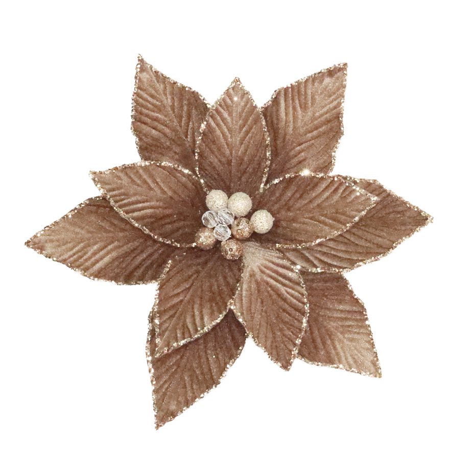 POINSETTIA HEAD MOCHA 12" VELVET RIBBED W/ GLITTER & BEADS