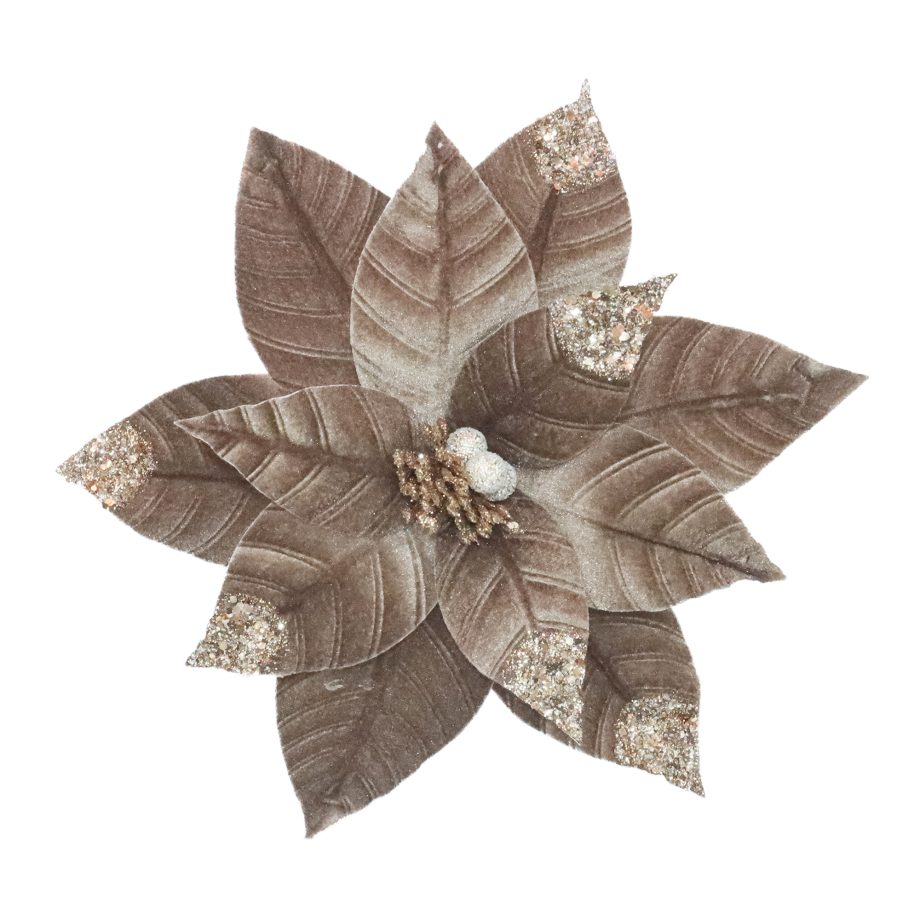 POINSETTIA HEAD MOCHA 12" VELVET RIBBED W/ GLITTER TRIM