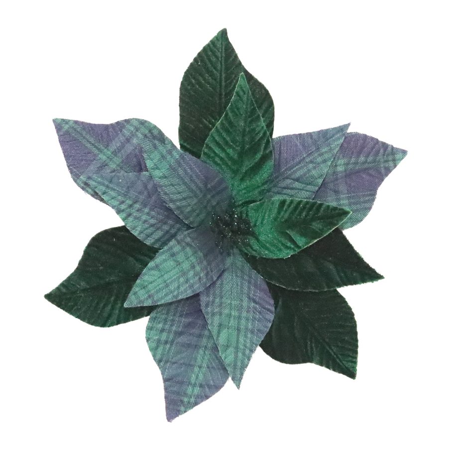 POINSETTIA HEAD EMERALD GREEN 11" VELVET PLAID 2-TONE W/ GLITTER
