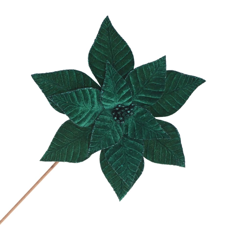 POINSETTIA STEM EMERALD GREEN 12" VELVET RIBBED W/ GLITTER EDGES