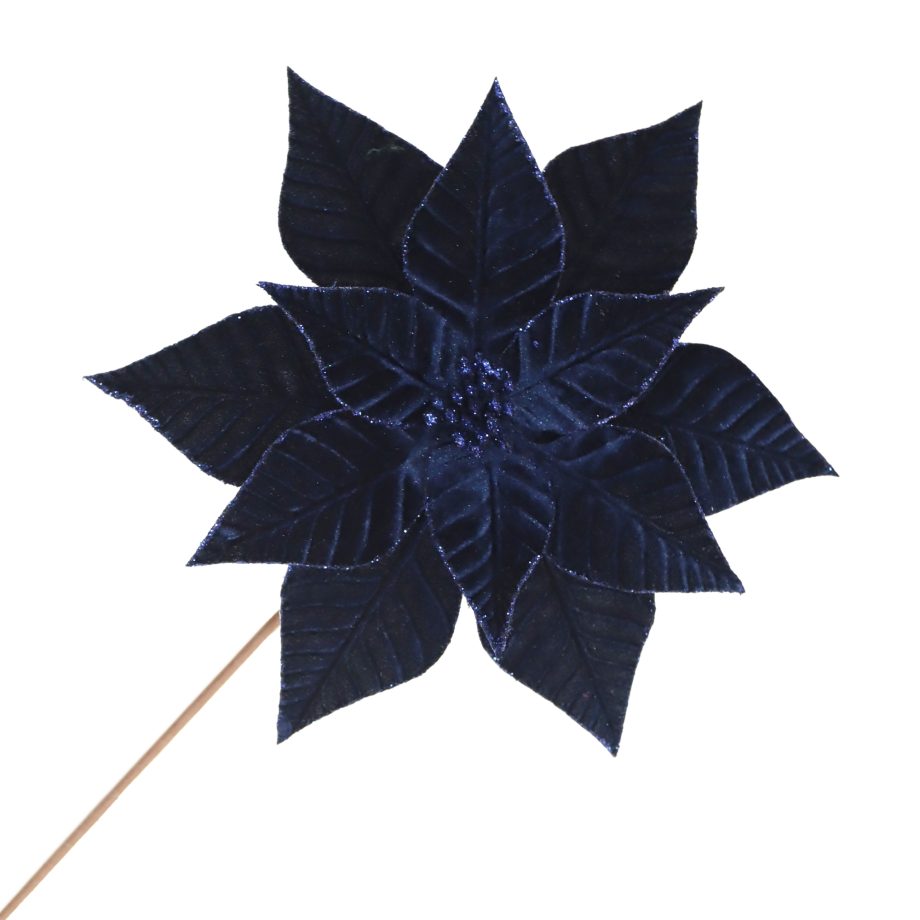 POINSETTIA STEM NAVY BLUE 12" VELVET RIBBED W/ GLITTER EDGES