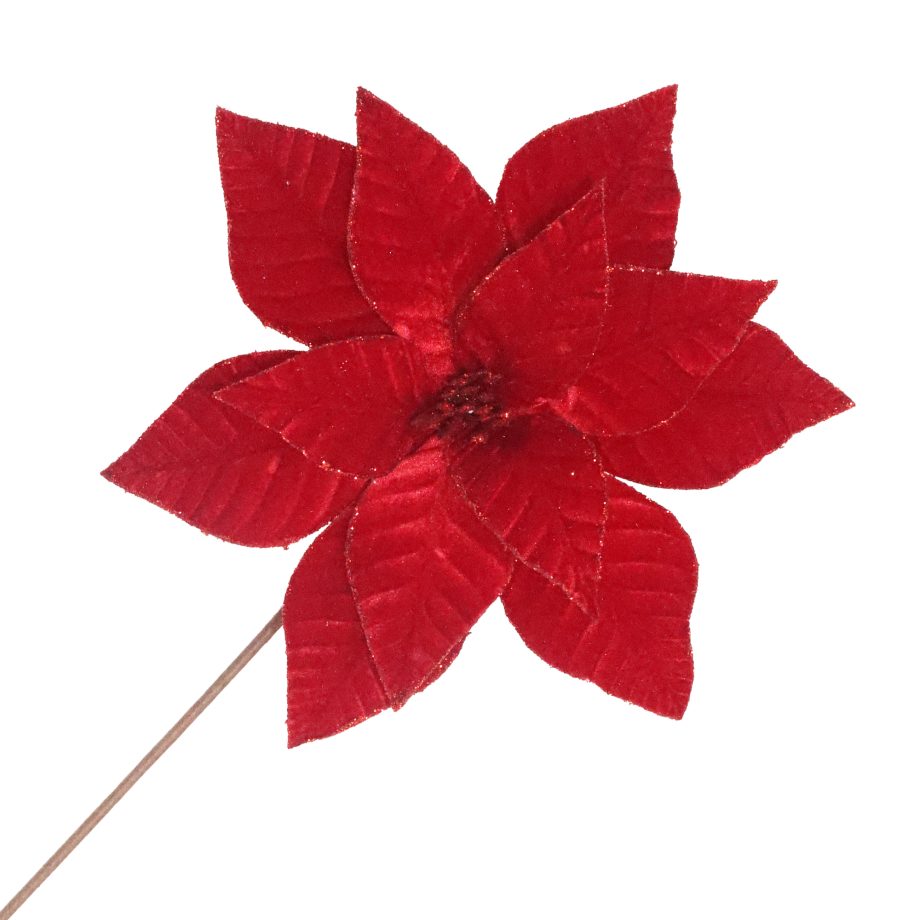 POINSETTIA STEM DEEP RED 12" VELVET RIBBED W/ GLITTER EDGES