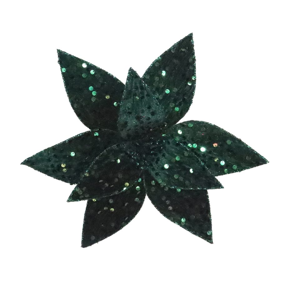 POINSETTIA HEAD EMERALD GREEN 12" VELVET SEQUINS & GLITTER EDGES