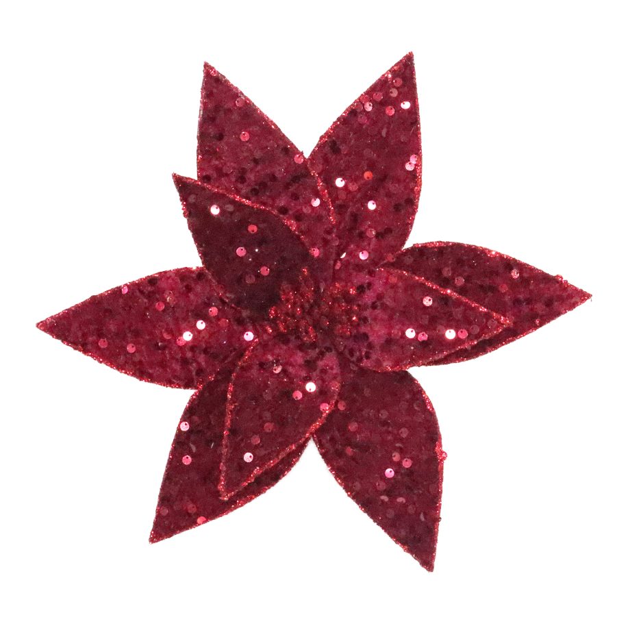 POINSETTIA HEAD BURGUNDY 12" VELVET SEQUINS & GLITTER EDGES