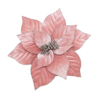 POINSETTIA HEAD ROSE 12" VELVET RIBBED W/ GLITTER