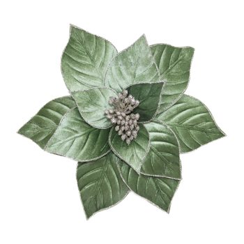 POINSETTIA HEAD SAGE 12" VELVET RIBBED W/ GLITTER