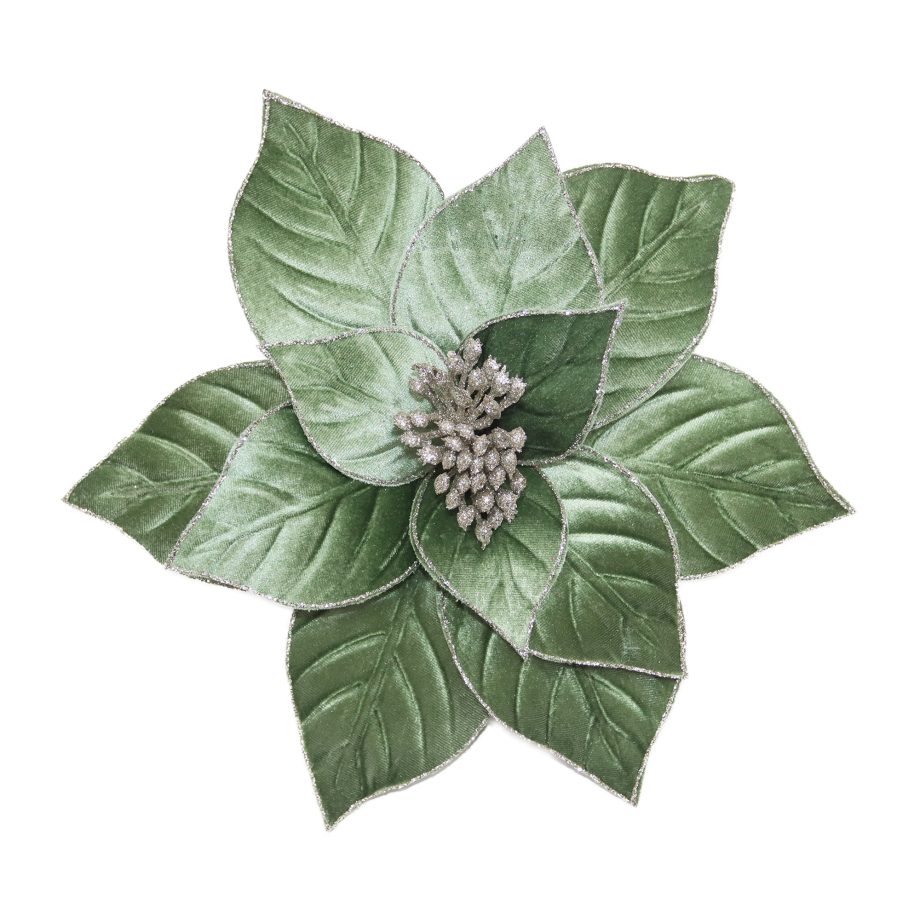 POINSETTIA HEAD SAGE 12" VELVET RIBBED W/ GLITTER