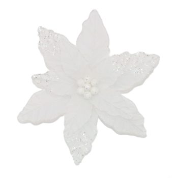 POINSETTIA HEAD WHITE 12" VELVET FROSTED W/ GLITTER