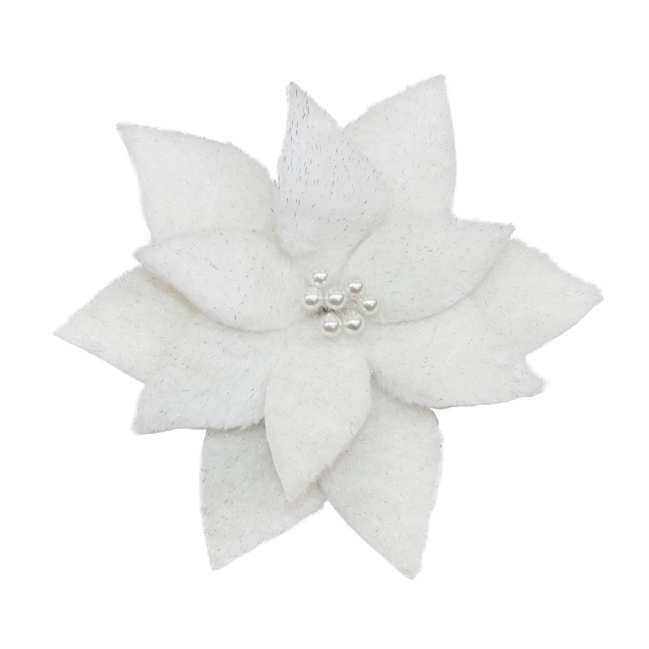 POINSETTIA HEAD WHITE 12" FAUX-FUR W/ SILVER TENSIL