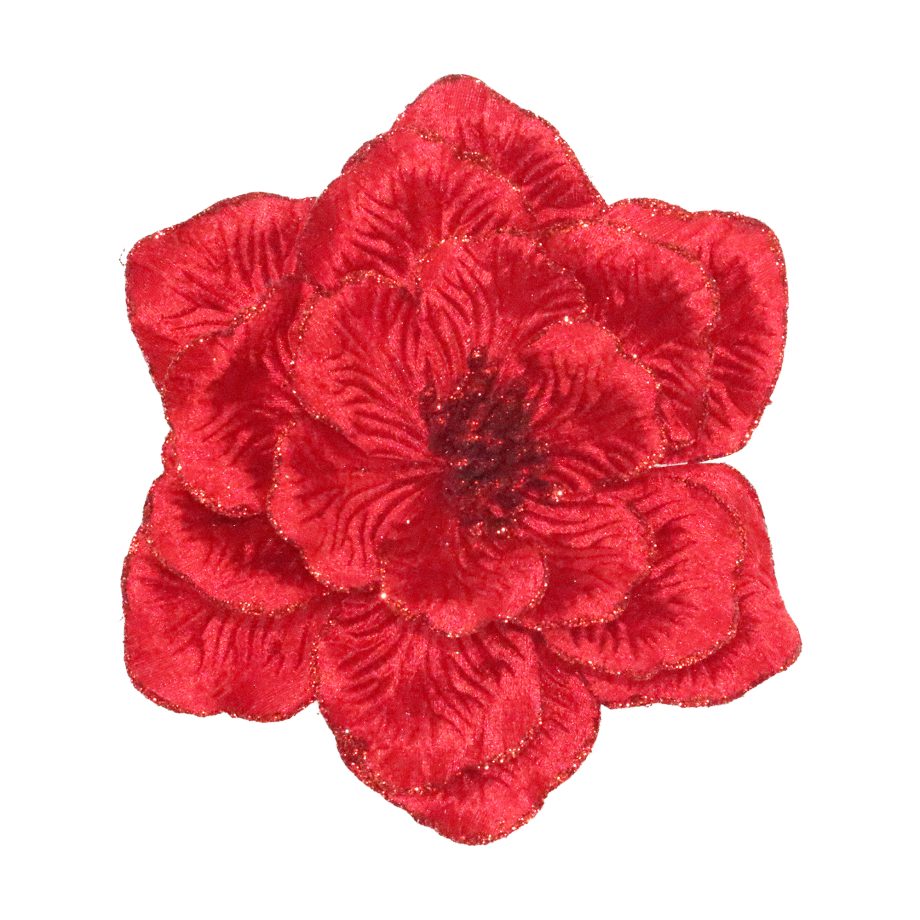 MAGNOLIA HEAD RED 8" FABRIC TEXTURED PETALS W/ GLITTER EDGES