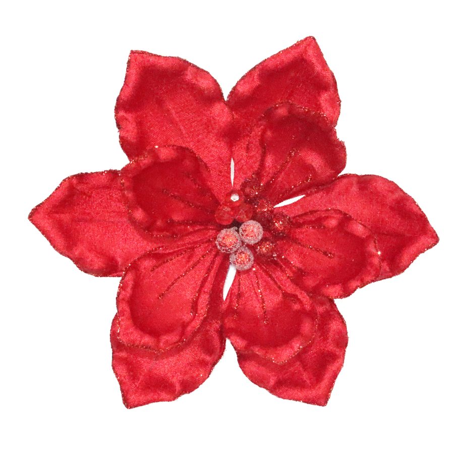 MAGNOLIA HEAD RED 10" VELVET W/ GLITTER EDGES & BEADED CENTER