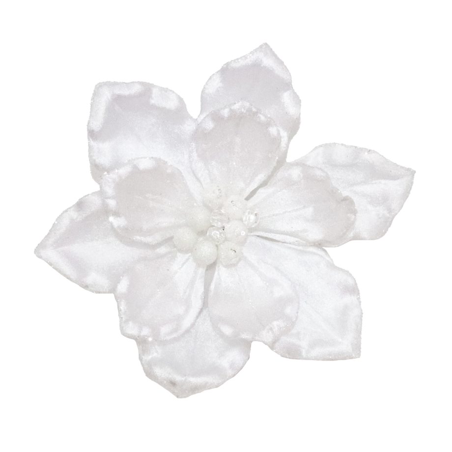 MAGNOLIA HEAD WHITE 10" VELVET W/ GLITTER EDGES & BEADED CENTER
