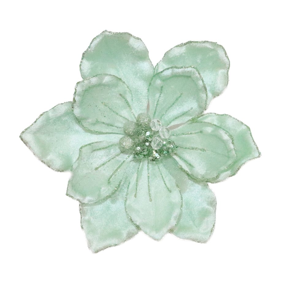 MAGNOLIA HEAD MINT 10" VELVET W/ GLITTER TRIM & BEADED CENTER
