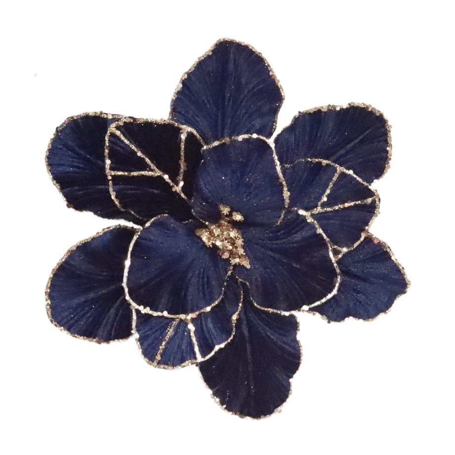 POINSETTIA HEAD NAVY BLUE/ROSE GOLD 11" VELVET TEXTURED PETALS W/ GLITTER