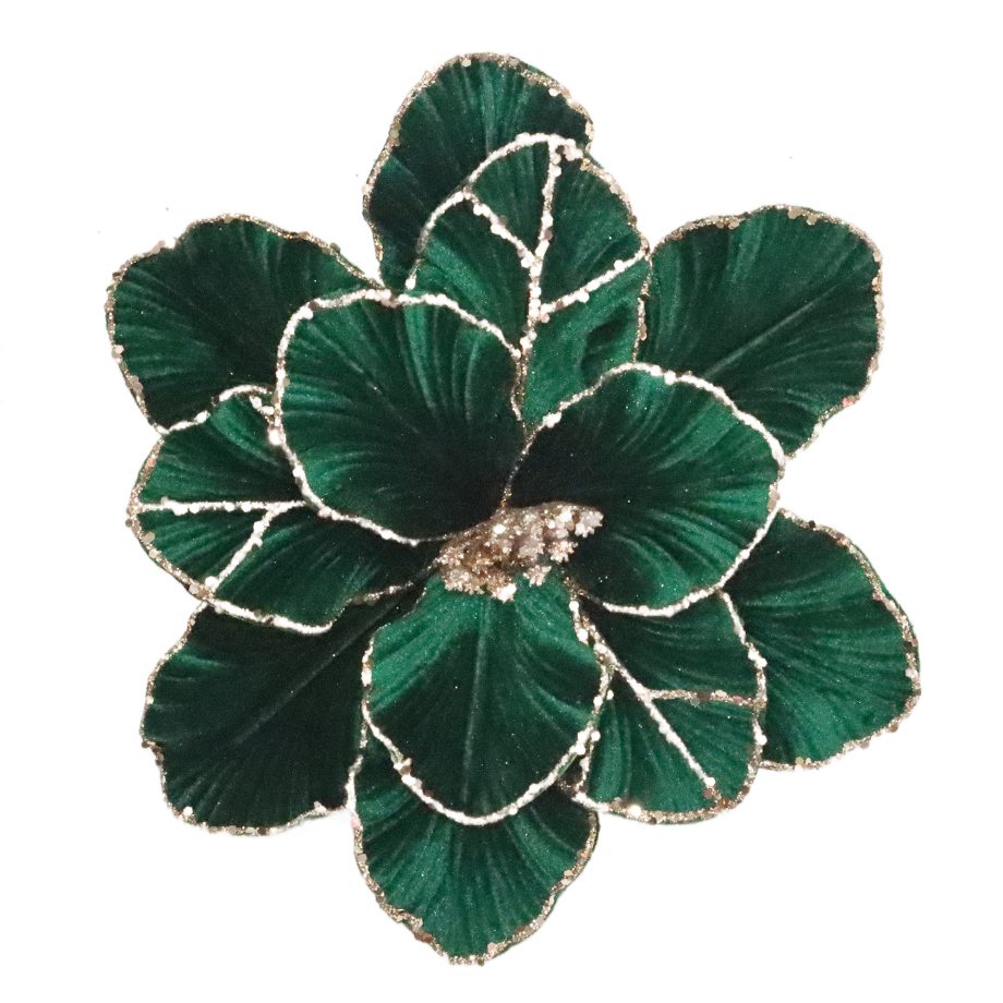 POINSETTIA HEAD EMERALD/ROSE GOLD 11" VELVET TEXTURED PETALS W/ GLITTER