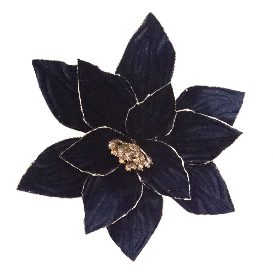 POINSETTIA HEAD NAVY BLUE/ROSE GOLD 11" VELVET PLEATED PETALS W/ GLITTER