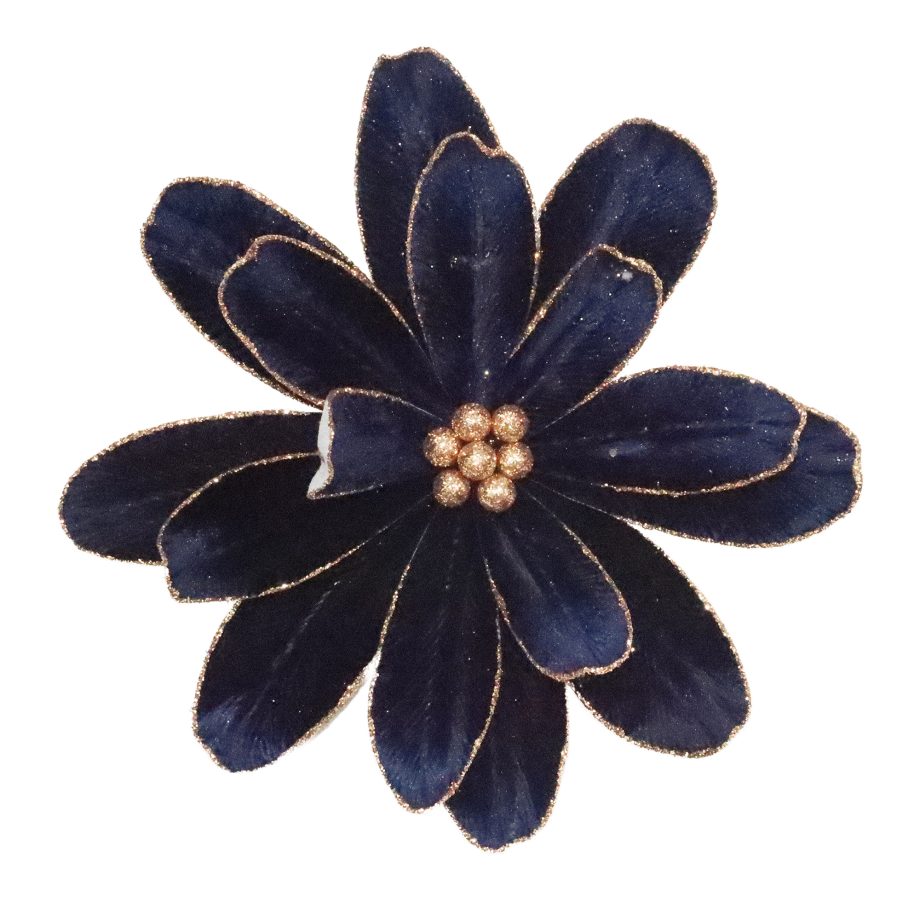 FLOWER HEAD NAVY BLUE/ROSE GOLD 11" VELVET W/ GLITTER EDGES