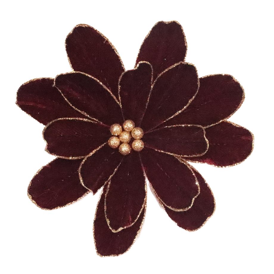 FLOWER HEAD BURGUNDY/ROSE GOLD 11" VELVET W/ GLITTER EDGES