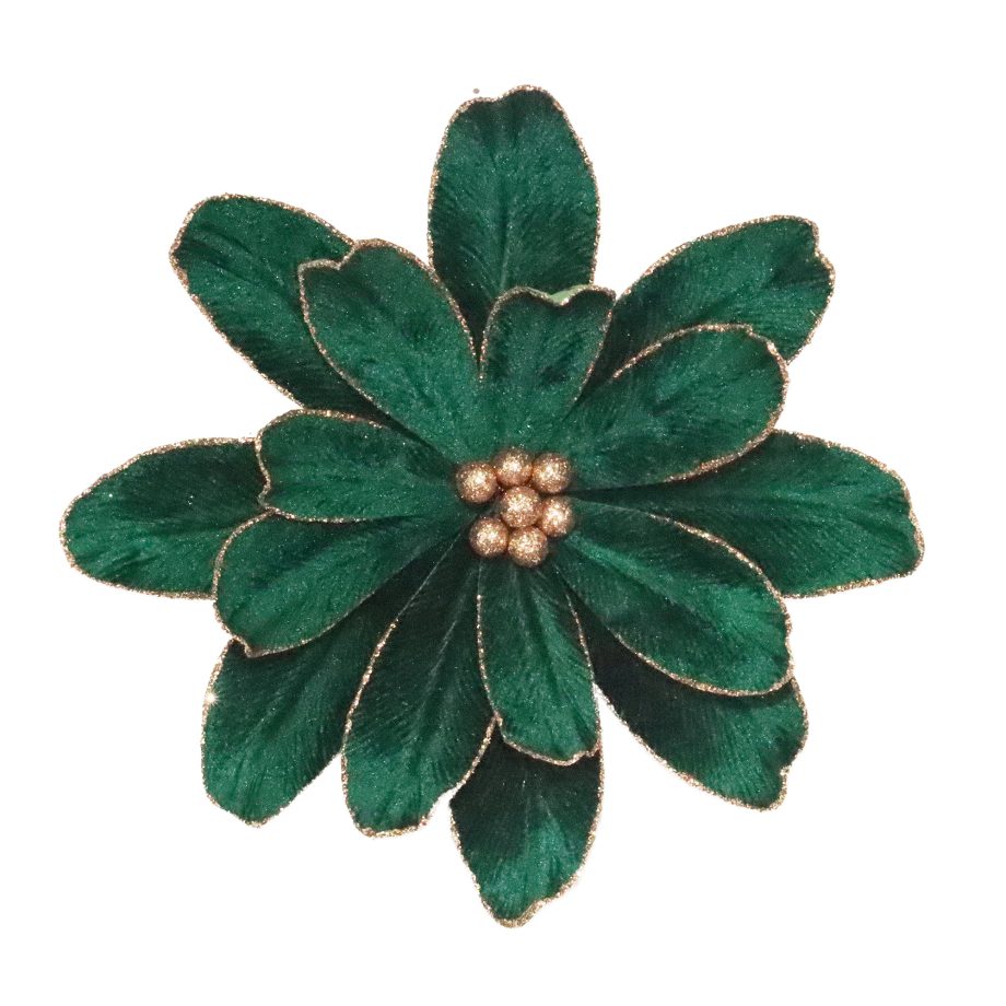 FLOWER HEAD EMERALD/ROSE GOLD 11" VELVET W/ GLITTER EDGES