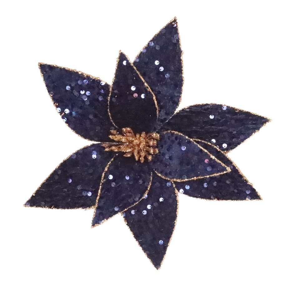POINSETTIA HEAD NAVY BLUE/ROSE GOLD 12" VELVET SEQUINS & GLITTER TRIM